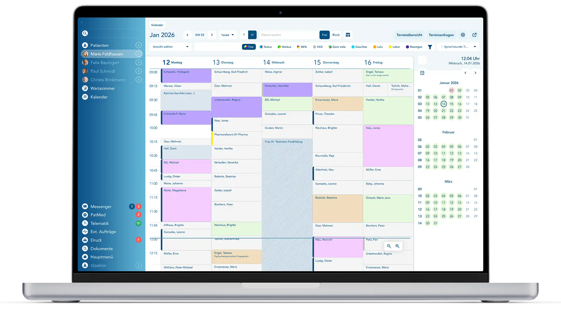 T2med Terminkalender mit Ressourcenverwaltung und Wartezimmerübersicht